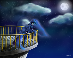 Size: 2500x2000 | Tagged: safe, artist:setharu, princess luna, alicorn, pony, balcony, cloud, eye reflection, female, jewelry, looking up, mare, missing accessory, moon, night, reflection, regalia, signature, sky, solo, standing, stars