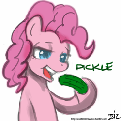 Size: 805x805 | Tagged: safe, artist:johnjoseco, pinkie pie, earth pony, pony, eating, female, mare, one word, pickle, solo