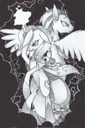 Size: 618x930 | Tagged: safe, artist:queenmorta, derpibooru import, lightning dust, trixie, grayscale, monochrome