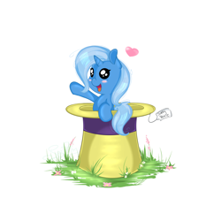 Size: 3000x3000 | Tagged: safe, artist:saralien, derpibooru import, trixie, unicorn, blush sticker, blushing, cute, diatrixes, female, filly, floating heart, hat, heart, simple background, white background