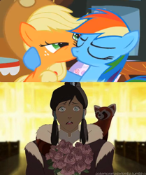 Size: 600x717 | Tagged: safe, edit, screencap, applejack, rainbow dash, earth pony, human, pegasus, pony, appledash, female, flower, kissing, korra, mare, out of context, pabu, shipping, shocked, the legend of korra