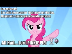 Size: 960x720 | Tagged: safe, edit, edited screencap, screencap, pinkie pie, earth pony, pony, decepticon, female, hub logo, hubble, image macro, mare, meme, roflbot, solo, the hub, transformers