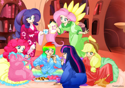 Size: 1024x724 | Tagged: safe, artist:pumpkinchans, derpibooru import, applejack, fluttershy, pinkie pie, rainbow dash, rarity, twilight sparkle, chocolate, clothes, cupcake, golden oaks library, humanized, kimono (clothing), library, mane six, nightgown, pajamas, party, sleepover, slumber party, socks, tea, winged humanization