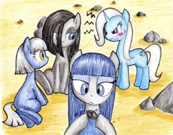 Size: 812x632 | Tagged: safe, artist:unousaya, derpibooru import, boulder (pet), limestone pie, marble pie, maud pie, trixie, hair over one eye, rock farm, traditional art