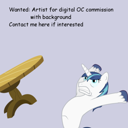 Size: 500x500 | Tagged: safe, shining armor, pony, unicorn, commission wanted, horn, male, meta, stallion, table flip, white coat