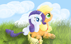 Size: 1440x900 | Tagged: safe, artist:twilightsquare, applejack, rarity, earth pony, pony, unicorn, cuddling, female, grass, lesbian, mare, pony pillow, prone, rarijack, shipping