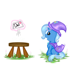 Size: 3000x3000 | Tagged: safe, artist:saralien, derpibooru import, trixie, cape, clothes, female, filly, filly trixie, hat, letter, levitation, magic, solo, stool, teary eyes, telekinesis, trixie's cape, trixie's hat, younger