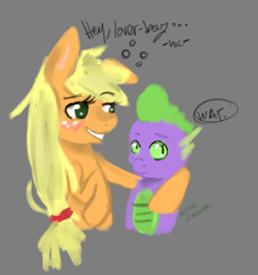 Size: 424x451 | Tagged: safe, artist:saamiskalla, applejack, spike, dragon, earth pony, pony, applespike, bipedal, blushing, drunk, drunk aj, drunk bubbles, female, hug, male, mare, shipping, straight