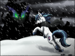 Size: 900x675 | Tagged: safe, artist:inuhoshi-to-darkpen, king sombra, shining armor, pony, umbrum, unicorn, clothes, scarf, snow, snowfall, unshorn fetlocks