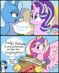 Size: 485x595 | Tagged: safe, artist:lance, derpibooru import, princess cadance, shining armor, starlight glimmer, trixie, alicorn, pony, unicorn, all bottled up, blushing, comic, dialogue, female, implied lesbian, implied selfcest, implied shipping, implied startrix, male, mare, princess of love, princess of shipping, scene interpretation, shipper on deck, stallion