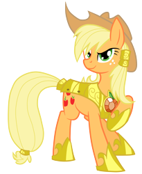 Size: 4105x5000 | Tagged: safe, artist:equestria-prevails, artist:jennieoo, applejack, earth pony, pony, absurd resolution, alternate hairstyle, armor, element of honesty, female, hair tie, looking at you, mare, raised hoof, simple background, smiling, solo, transparent background, vector