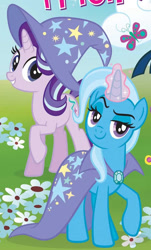 Size: 730x1206 | Tagged: safe, derpibooru import, starlight glimmer, trixie, butterfly, unicorn, cape, clothes, duo, duo female, female, fly into friendship, hat, magic, trixie's cape, trixie's hat