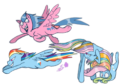 Size: 870x600 | Tagged: safe, artist:wolfytails, firefly, rainbow dash, rainbow dash (g3), pegasus, pony, g1, g3, g3.5, female, flying, g1 to g4, g3 to g4, g3.5 to g4, generation leap, generational ponidox, mare