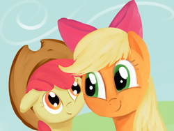 Size: 800x600 | Tagged: safe, artist:tggeko, apple bloom, applejack, earth pony, pony, accessory swap, apple sisters, cheek to cheek, duo, female, filly, foal, hair bow, hat, mare, siblings, sisters, smiling