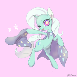 Size: 500x503 | Tagged: safe, artist:mlpanon, derpibooru import, trixie, pony, bipedal, cape, clothes, hat, looking at you, open mouth, smiling, solo, style emulation, trixie's cape, trixie's hat, wink