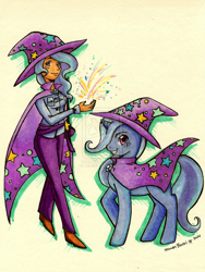 Size: 1024x1364 | Tagged: dead source, safe, artist:liliatx, derpibooru import, trixie, human, pony, unicorn, cape, clothes, deviantart watermark, female, hat, human ponidox, humanized, mare, obtrusive watermark, smiling, solo, traditional art, trixie's cape, trixie's hat, watermark