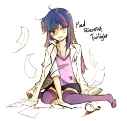 Size: 581x553 | Tagged: safe, artist:ujey02, twilight sparkle, human, clothes, coffee mug, cup, humanized, lab coat, mad scientist, messy, messy mane, missing shoes, mug, sitting, socks, solo, stockings, thigh highs, twilight snapple