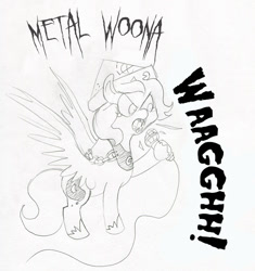 Size: 777x826 | Tagged: safe, artist:negativefade, princess luna, alicorn, pony, cartographer's cap, filly, hat, metal, metal goddess luna, microphone, monochrome, moonstuck, simple background, solo, traditional art, waaagh!, white background, woona