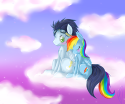 Size: 2400x2000 | Tagged: safe, artist:sweetscribblez, rainbow dash, soarin', pegasus, pony, blushing, cloud, colored pupils, cuddling, cute, eyes closed, female, goggles, high res, male, mare, shipping, sitting, smiling, snuggling, soarindash, stallion, straight