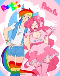 Size: 750x945 | Tagged: safe, artist:qpqp, pinkie pie, rainbow dash, human, breasts, clothes, dress, eared humanization, female, humanized, lesbian, midriff, pinkie pies, pinkiedash, rainbow socks, shipping, socks, striped socks, tailed humanization, winged humanization