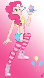 Size: 576x1022 | Tagged: safe, artist:omgitseevee, pinkie pie, human, belly button, bracelet, clothes, converse, cupcake, female, food, gradient background, humanized, jewelry, midriff, shoes, skinny, sneakers, socks, striped socks