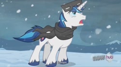 Size: 1549x861 | Tagged: safe, screencap, shining armor, pony, unicorn, the crystal empire, snow goggles, youtube caption, youtube link