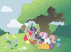 Size: 1402x1020 | Tagged: safe, artist:qnaman88, derpibooru import, apple bloom, scootaloo, sweetie belle, twilight sparkle, rabbit, book, cutie mark crusaders, reading, tree