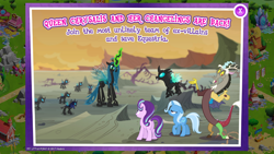 Size: 1280x720 | Tagged: safe, derpibooru import, discord, queen chrysalis, starlight glimmer, thorax, trixie, changeling, changeling queen, draconequus, pony, unicorn, to where and back again, advertisement, female, game screencap, gameloft, glowing horn, male, mare, official, reformed four