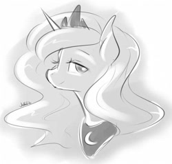 Size: 629x600 | Tagged: safe, artist:jovalic, princess luna, alicorn, pony, bust, monochrome, sketch, solo