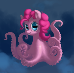 Size: 2365x2350 | Tagged: safe, artist:purmu, pinkie pie, monster pony, octopony, octopus, original species, creepy, female, grin, high res, looking at you, maybe salmon, ocean, octo pie, smiling, solo, species swap, underwater