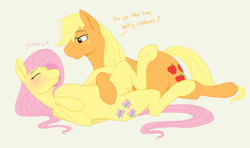 Size: 1713x1011 | Tagged: dead source, safe, artist:cartoonlion, applejack, fluttershy, earth pony, pegasus, pony, appleshy, bellyrubs, blushing, duo, eyes closed, female, lesbian, mare, missing accessory, on back, prone, shipping, simple background, yellow background