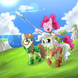 Size: 1200x1200 | Tagged: safe, artist:madmax, mayor mare, pinkie pie, oc, oc:madmax, earth pony, pony, unicorn, armor, crossover, female, fire emblem, glasses, lens flare, mare, pony emblem, spear, weapon