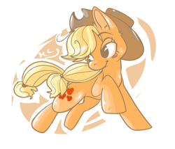 Size: 700x600 | Tagged: safe, artist:clockworkquartet, applejack, earth pony, pony, abstract background, female, leaping, looking back, mare, smiling, solo