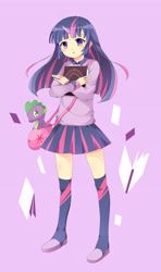 Size: 1570x2660 | Tagged: safe, artist:flora, spike, twilight sparkle, human, book, boots, clothes, horned humanization, humanized, light skin, miniskirt, pixiv, skirt, thigh highs