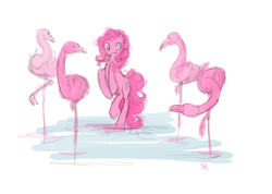 Size: 850x605 | Tagged: safe, artist:noel, pinkie pie, bird, earth pony, flamingo, pony, behaving like a flamingo, female, mare, one of these things is not like the others, rearing, water