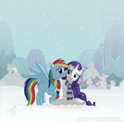 Size: 2746x2687 | Tagged: safe, artist:skipsy, rainbow dash, rarity, pegasus, pony, unicorn, clothes, female, high res, lesbian, licking, mare, raridash, scarf, shipping, sitting, snow, snowfall, tongue out