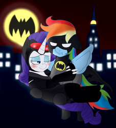 Size: 1355x1495 | Tagged: safe, artist:blackbewhite2k7, rainbow dash, rarity, pegasus, pony, unicorn, bat signal, batman, blushing, carrying, catwoman, city, cityscape, crossover, female, flying, lesbian, mare, night, parody, raridash, shipping