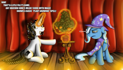 Size: 1200x687 | Tagged: safe, artist:jamescorck, derpibooru import, trixie, oc, oc:movie slate, ask, death stare, orange, the illusionist, tumblr