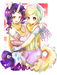 Size: 497x653 | Tagged: safe, artist:pasuteru-usagi, rainbow dash, rarity, human, abstract background, female, horned humanization, hug, humanized, lesbian, raridash, shipping, tailed humanization, winged humanization, wings