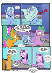 Size: 2894x4093 | Tagged: safe, artist:raph13th, derpibooru import, snails, spike, starlight glimmer, trixie, dragon, pony, unicorn, comic:glim glam and pals, angry, ask glitter shell, bow, comic, female, glitter shell, hair bow, male, mare, swimming pool, we don't normally wear clothes, wet mane