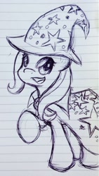 Size: 724x1280 | Tagged: safe, artist:kiwimodgummio, derpibooru import, trixie, pony, unicorn, female, lined paper, mare, monochrome, smiling, solo, traditional art