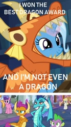 Size: 840x1507 | Tagged: safe, derpibooru import, edit, edited screencap, screencap, princess ember, smolder, spike, trixie, dragon, pony, unicorn, school daze, uncommon bond, best dragon, board game, dragon costume, dragon pit, dragoness, female, glowing horn, mare, unamused