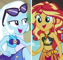 Size: 1204x1148 | Tagged: safe, derpibooru import, screencap, sunset shimmer, trixie, better together, equestria girls, forgotten friendship, belly button, bikini, clothes, midriff, swimsuit