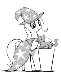 Size: 1047x1332 | Tagged: safe, artist:gsphere, derpibooru import, trixie, cat, pony, unicorn, female, grayscale, mare, monochrome, petting, simple background, white background