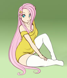 Size: 823x960 | Tagged: safe, artist:scorpdk, fluttershy, human, :o, bottomless, breasts, cleavage, clothes, female, hootershy, humanized, looking at you, sitting, socks, solo, stockings, sweatershy, thigh highs