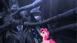 Size: 1281x720 | Tagged: safe, edit, pinkie pie, earth pony, pony, female, hot nuts, mare, megatron, sad, sitting, transformers, transformers prime