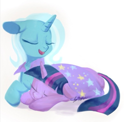 Size: 544x528 | Tagged: safe, artist:nightwolfen, derpibooru import, trixie, twilight sparkle, pony, unicorn, eyes closed, female, floppy ears, lesbian, mare, prone, shipping, smiling, twixie