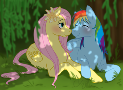 Size: 1094x800 | Tagged: safe, artist:cartoonlion, fluttershy, rainbow dash, pegasus, pony, blushing, dappled sunlight, female, flower, flower in hair, flutterdash, lesbian, mare, nuzzling, prone, shipping, smiling