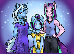 Size: 1200x877 | Tagged: safe, artist:kaemantis, derpibooru import, aria blaze, trixie, oc, oc:harmony blitz, anthro, hybrid, arixie, family, female, gem, gradient background, half-siren, interspecies offspring, lesbian, magical lesbian spawn, offspring, parents:arixie, shipping, siren gem, trio