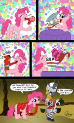 Size: 800x1336 | Tagged: safe, artist:omny87, pinkie pie, zecora, earth pony, pony, zebra, abstract background, cake, candy, comic, duo, duo female, eating, female, ice cream, impossibly long tongue, lollipop, magazine, mare, reading, slice of life